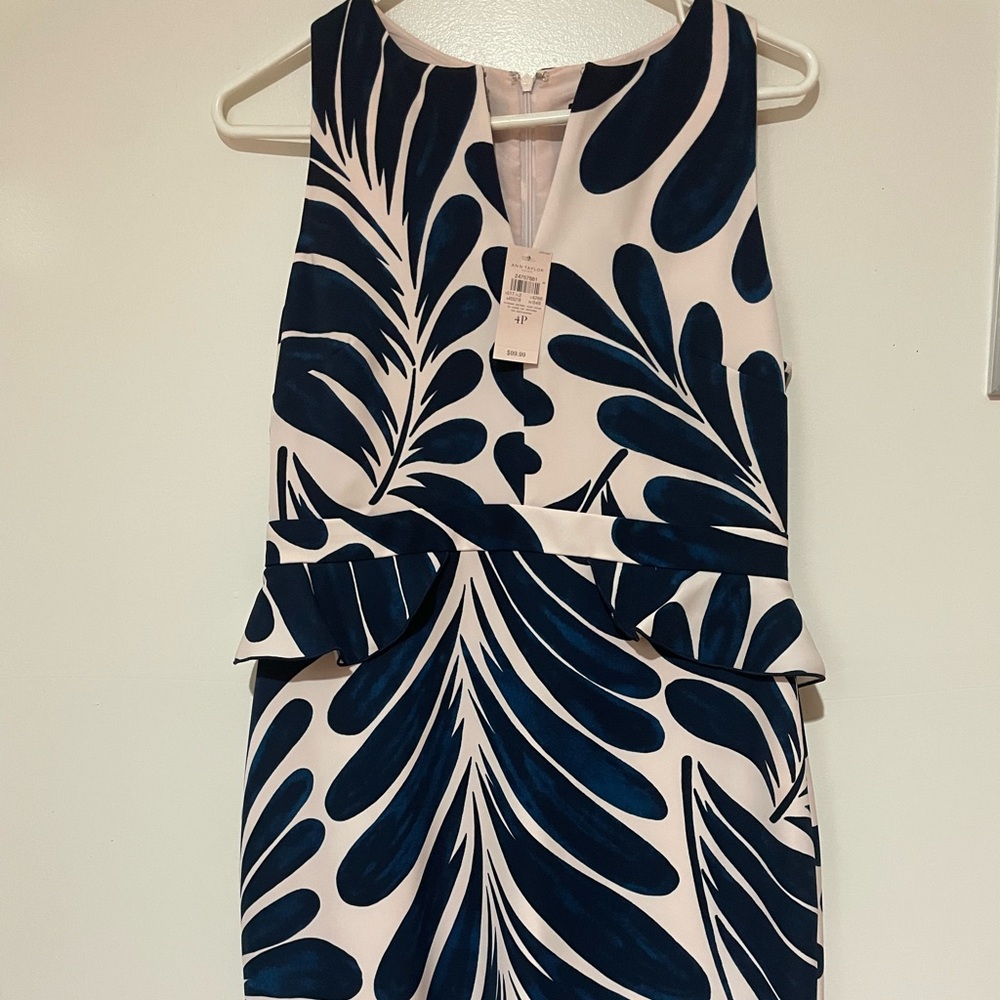Ann Taylor Navy and Cream Leaf Print Midi Dress